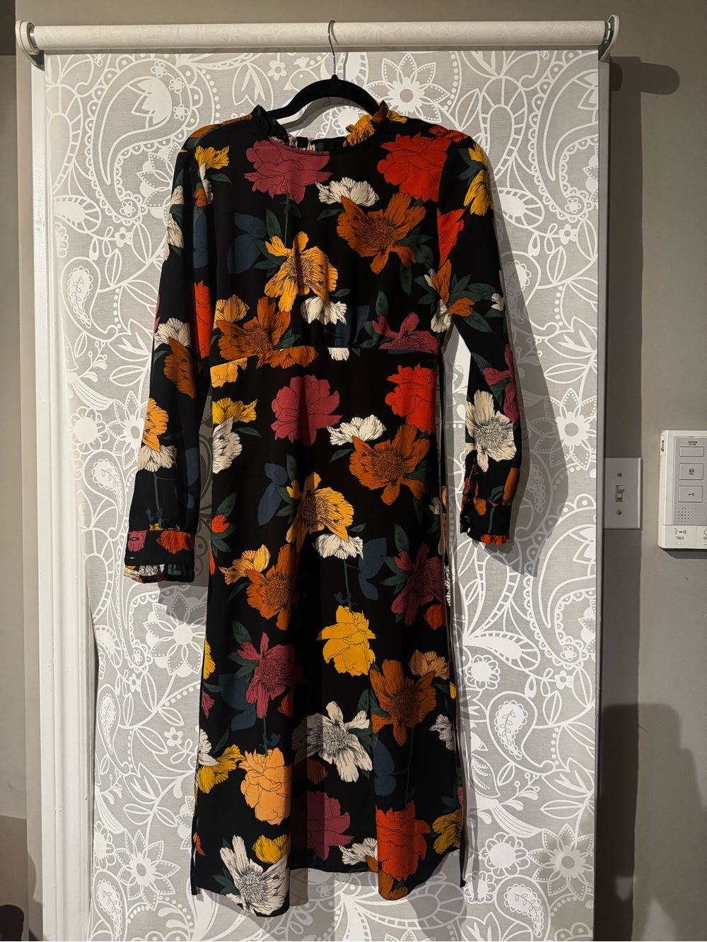 Primark Black Midi Dress with Mustard, Rust, Cream & Burgundy Floral Print